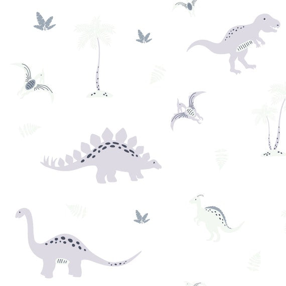 Dinosaurs in soft greys on a white background, children's bedroom and nursery decor. Big Little Bedrooms. Free Shipping. 