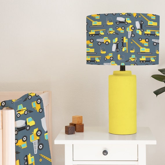 Yellow construction vehicles on a grey background, children's bedroom and nursery lampshade lightshade for ceiling fitting or lamp base. 