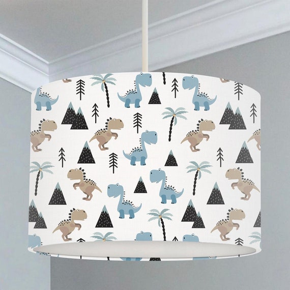 Dinosaurs in blues and browns among mountains on a white background, children's bedroom and nursery ceiling lampshade.