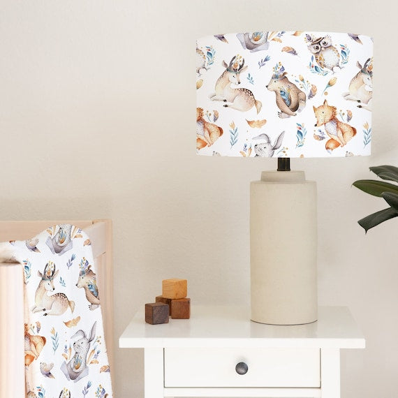 Boho woodland animals gender neutral children's bedroom and nursery lampshade lightshade for ceiling fitting or lamp base. 