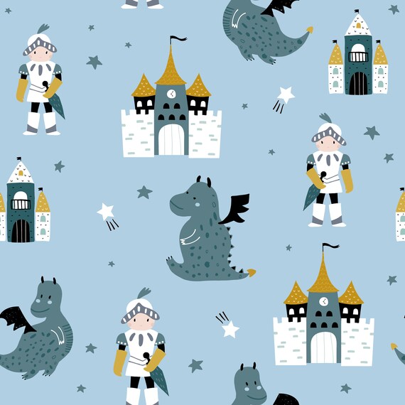 Dragons, knights and castles on a blue background, children's bedroom and nursery decor. Big Little Bedrooms. Free Shipping. 