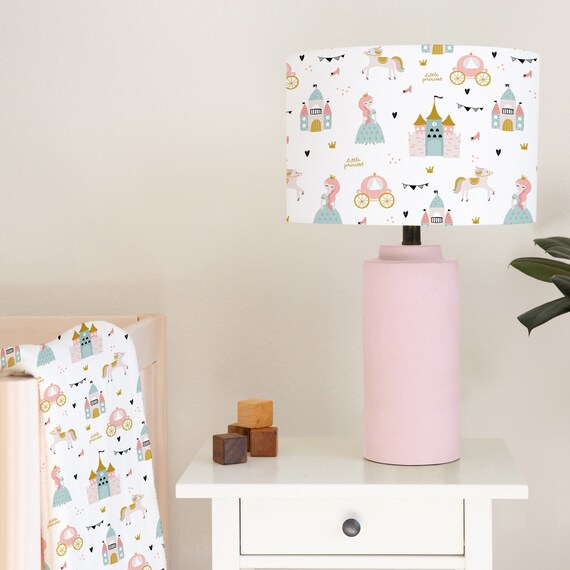 Pretty princesses, castles, carriages and horses in pale pinks, golds and mint greens, children's bedroom and nursery lampshade lightshade for ceiling fitting or lamp base. 
