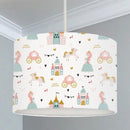 Pretty princesses, castles, carriages and horses in pale pinks, golds and mint greens, children's bedroom and nursery ceiling lampshade.
