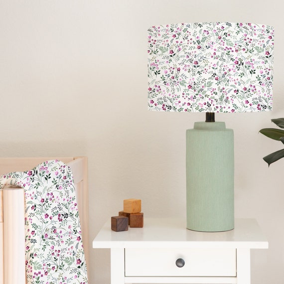 Miniature pink and green flowers, children's bedroom and nursery lampshade lightshade for ceiling fitting or lamp base. 