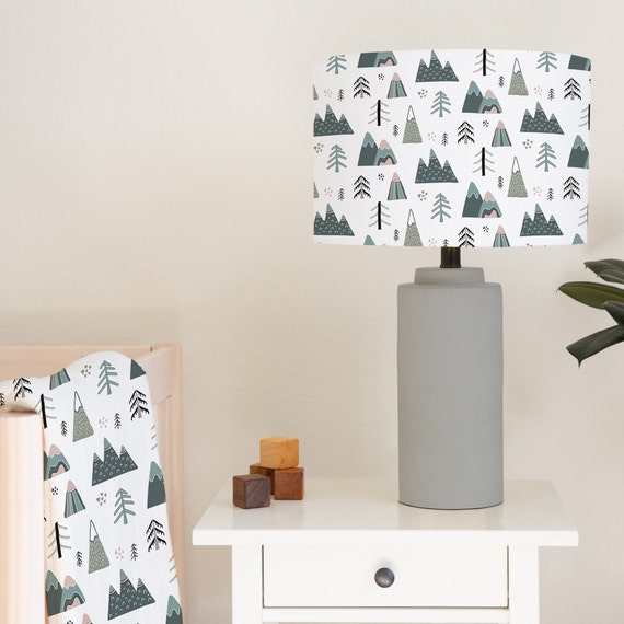Wilderness inspired mountain and fir tree print, children's bedroom and nursery lampshade lightshade for ceiling fitting or lamp base.