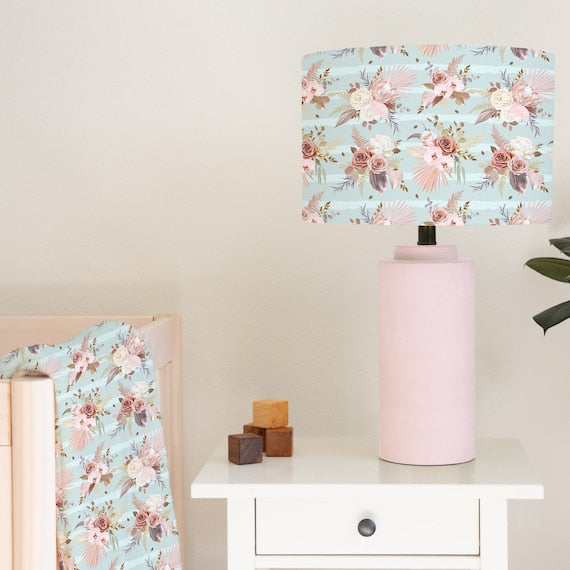 Dusky pink florals on mint green stripes children's bedroom and nursery lampshade lightshade for ceiling fitting or lamp base.