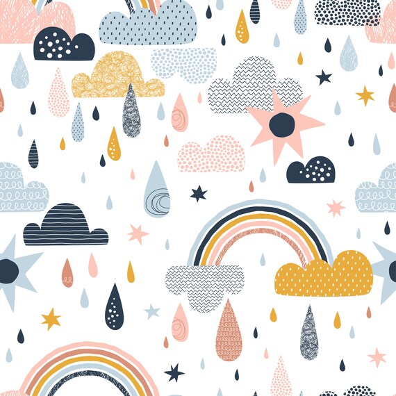 Rainbows, clouds and raindrops in gold, pinks, black and blue, children's bedroom and nursery décor. Big Little Bedrooms. Free Shipping. 