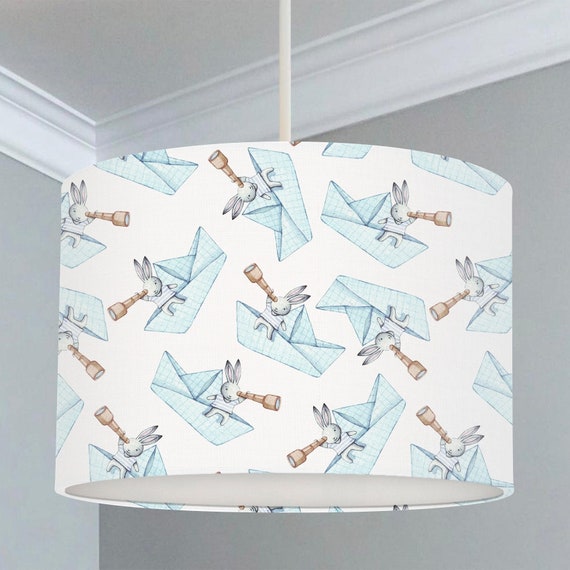 Bunny rabbit and sailing boats children's bedroom and nursery ceiling lampshade, blue and white