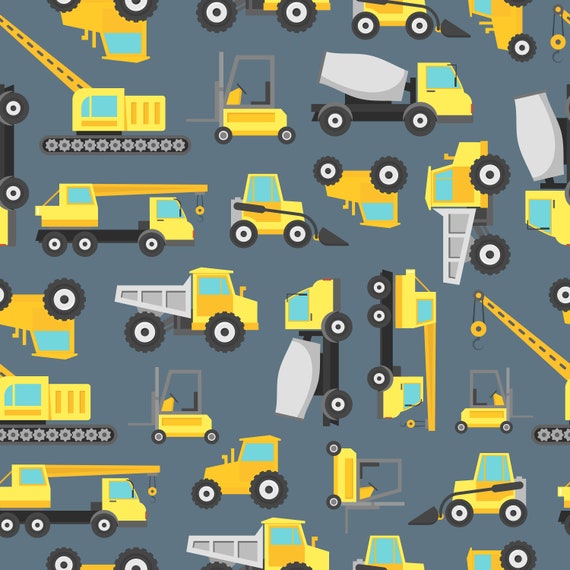 Yellow construction vehicles on a grey background children's bedroom and nursery decor. Big Little Bedrooms. Free Shipping. 
