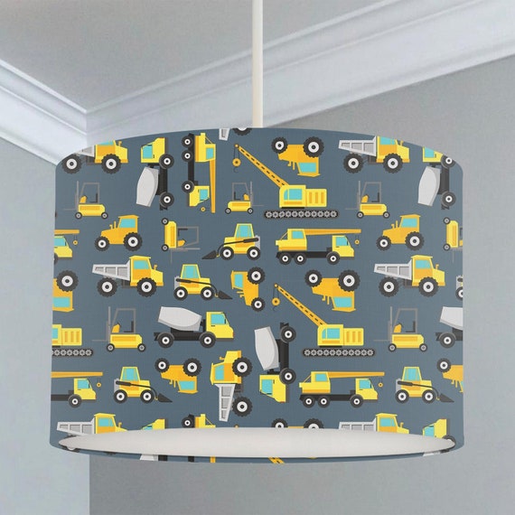 Yellow construction vehicles on a grey background, children's bedroom and nursery ceiling lampshade.