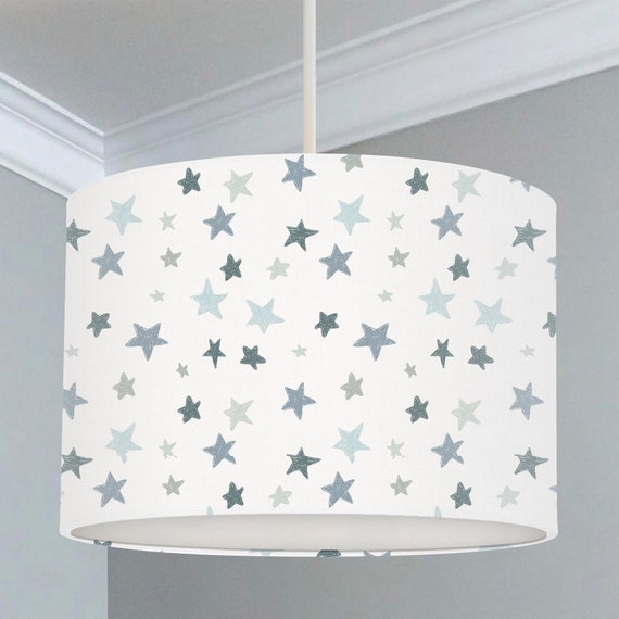 Grey and blue abstract stars on a white background, children's bedroom and nursery ceiling lampshade.