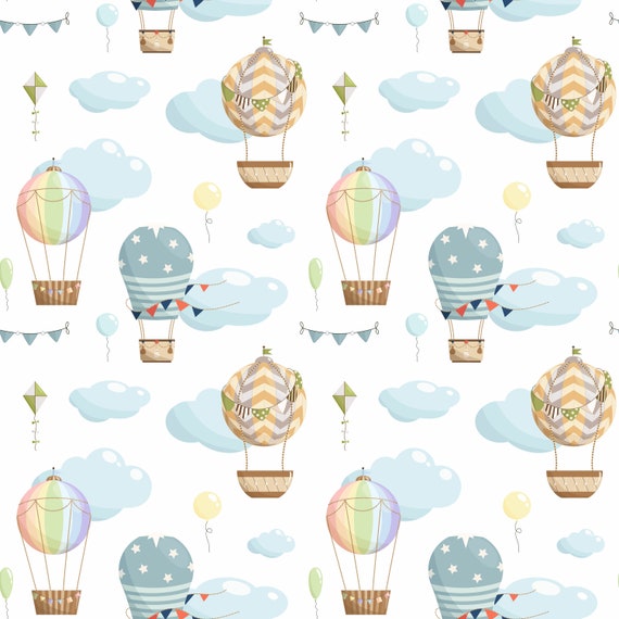 Hot air balloons in a cloudy sky, gender neutral, children's bedroom and nursery decor. Big Little Bedrooms. Free Shipping. 