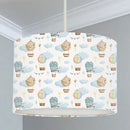 Hot air balloons in a cloudy sky, gender neutral children's bedroom and nursery ceiling lampshade.