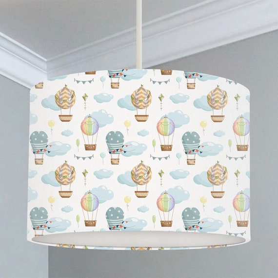 Hot air balloons in a cloudy sky, gender neutral children's bedroom and nursery ceiling lampshade.