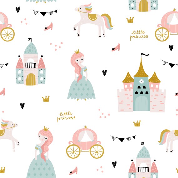 Pretty princesses, castles, carriages and horses in pale pinks, golds and mint greens, children's bedroom and nursery decor. Big Little Bedrooms. Free Shipping. 