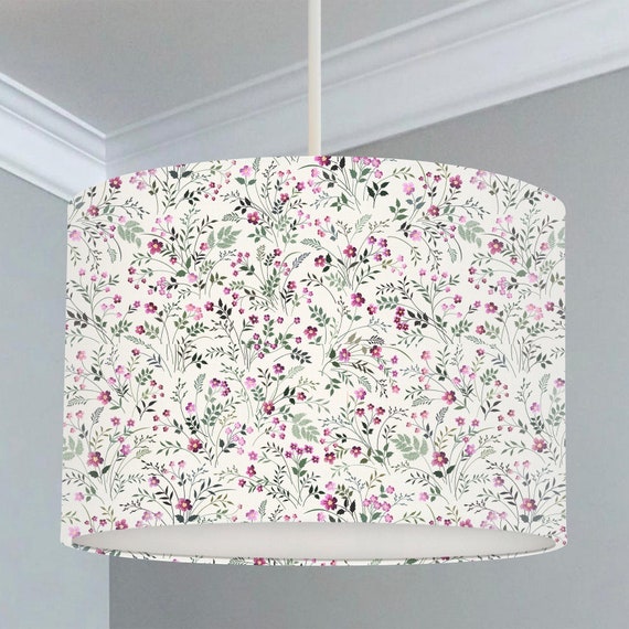 Miniature pink and green flowers, children's bedroom and nursery ceiling lampshade.