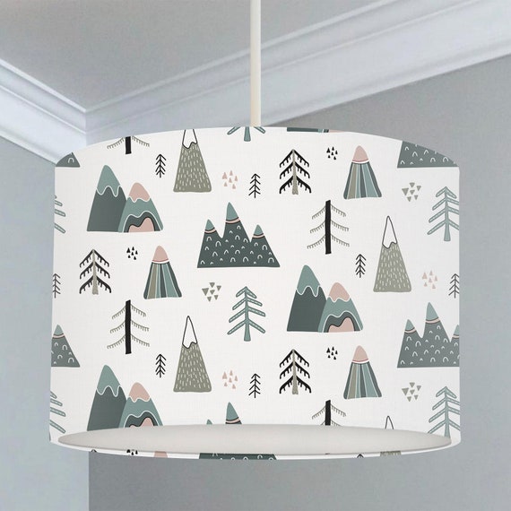 Wilderness inspired mountain and fir tree print children's bedroom and nursery ceiling lampshade.