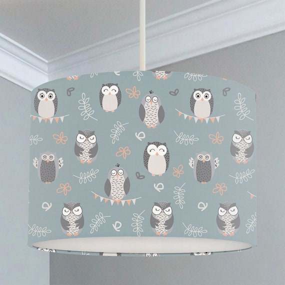 Owl print children's bedroom and nursery ceiling lampshade, green.