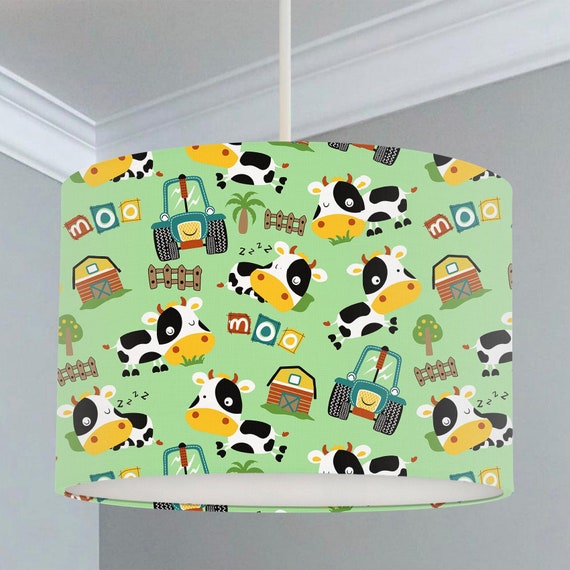Farmyard animals on a green background, children's bedroom and nursery ceiling lampshade.