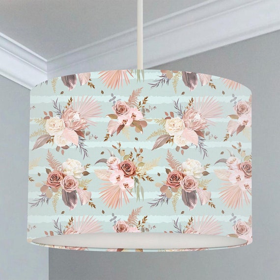 Dusky pink florals on mint green stripes children's bedroom and nursery ceiling lampshade.