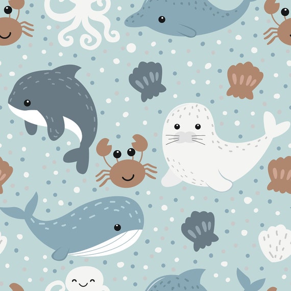 Sea creatures including whales, crabs, seals and dolphins on a light blue background, children's bedroom and nursery décor. Big Little Bedrooms. Free Shipping. 