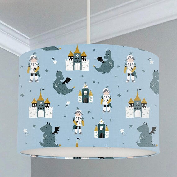 Dragons, knights and castles on a blue background, children's bedroom and nursery ceiling lampshade.