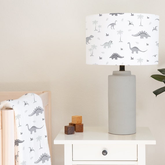 Dinosaurs in soft greys on a white background, children's bedroom and nursery lampshade lightshade for ceiling fitting or lamp base. 