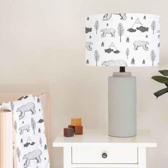 Monochrome bear and mountains, children's bedroom and nursery lampshade lightshade for ceiling fitting or lamp base, black and white.