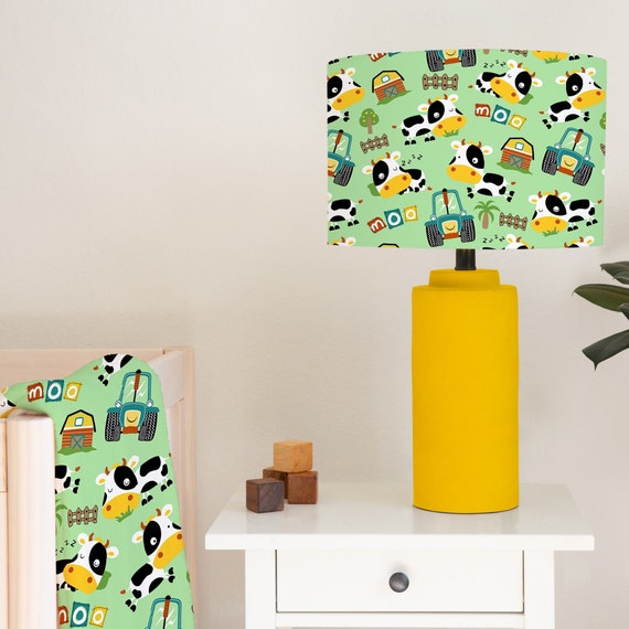 Farmyard scene on a green background, children's bedroom and nursery lampshade lightshade for ceiling fitting or lamp base. 