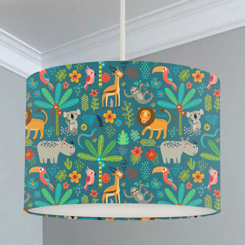 Jungle animals ceiling lampshade, green, children's bedroom and nursery decor. 