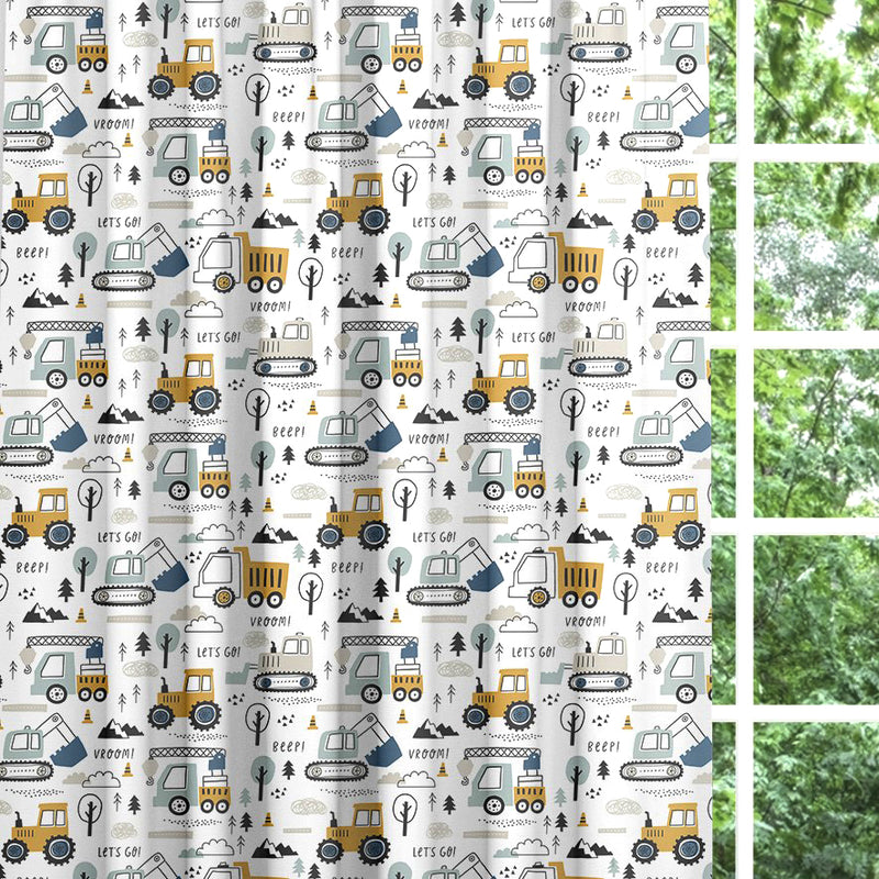 Let's go construction vehicles blackout lined children's bedroom and nursery curtains, pencil pleat or eyelet. 