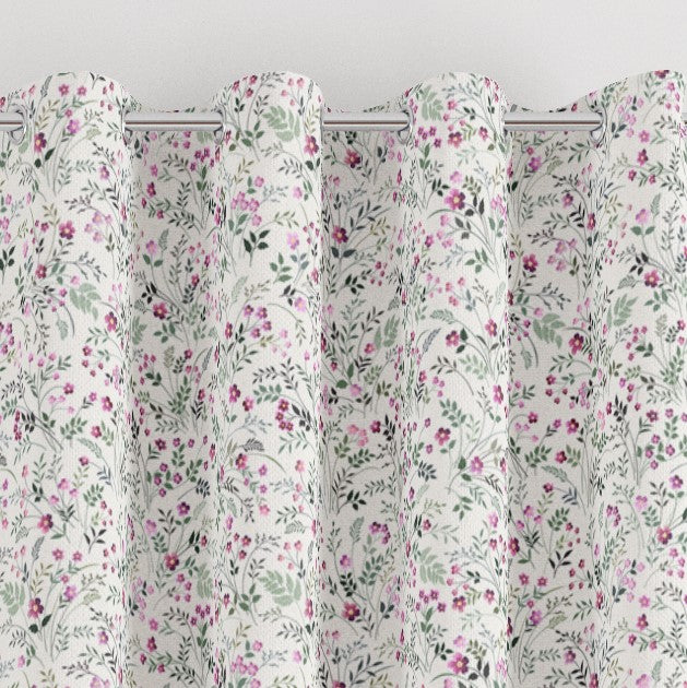 eyelet mini florals print children's bedroom and nursery curtains, pink and green.