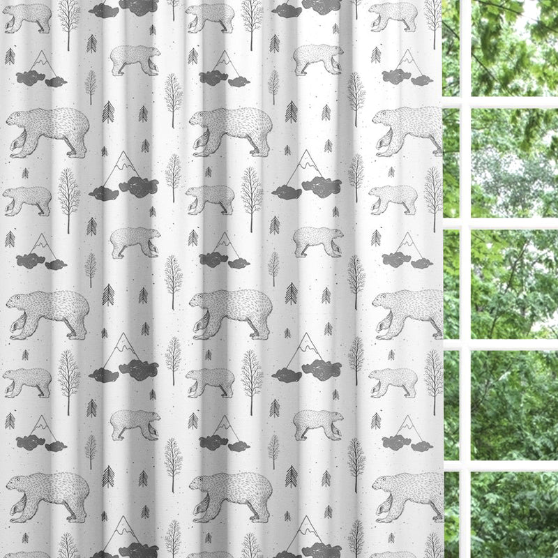 Backout lined children's bedroom and nursery curtains, monochrome bear and mountains.