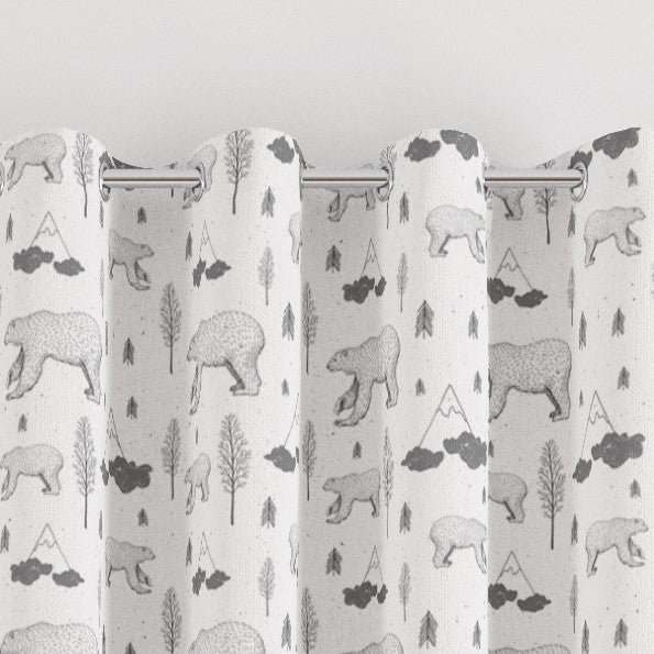 eyelet monochrome bear and mountains print children's bedroom and nursery curtains, black and white. 