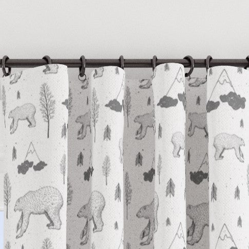 Pencil pleat children's bedroom and nursery curtains in monochrome bear and mountains print. Big Little Bedrooms. Free Shipping. 
