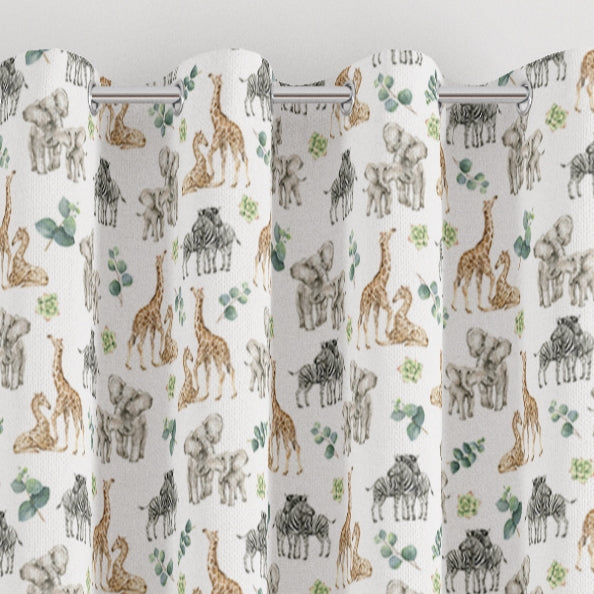 Mummy and baby safari animals children's bedroom and nursery blackout lined eyelet curtains