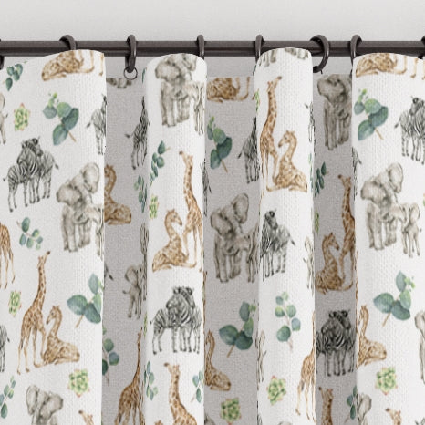 Mummy and baby safari animals children's bedroom and nursery blackout lined pencil pleat curtains