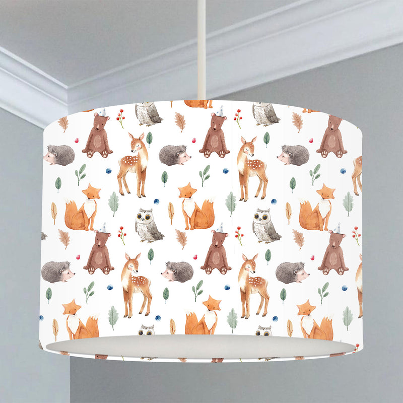 Children's bedroom and nursery lampshade, brown and white, wildlife animals, deer, foxes, hedgehogs, owls, and bears.