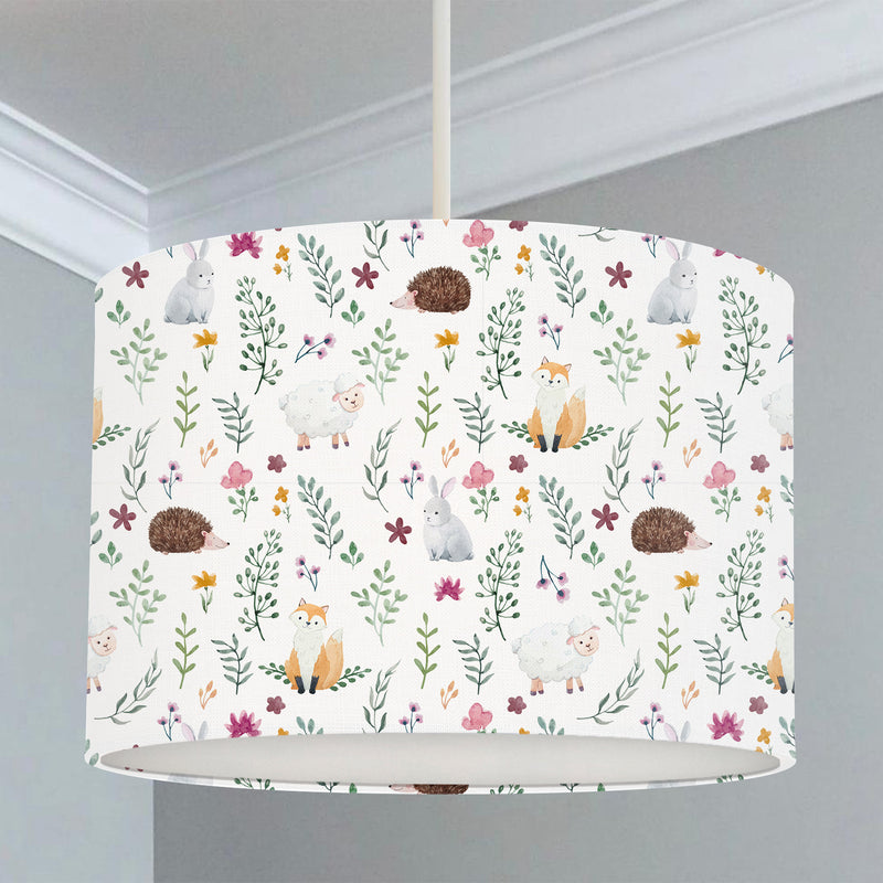 Woodland animals and flowers children's bedroom and nursery lampshade for ceiling or lamp fittings. 