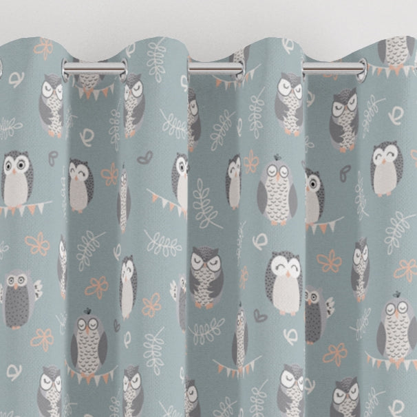 eyelet little owls print children's bedroom and nursery curtains, greys, pink and green. 
