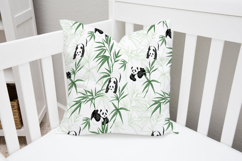 Panda and bamboo children's bedroom and nursery cushions and pillows, green, black and white.
