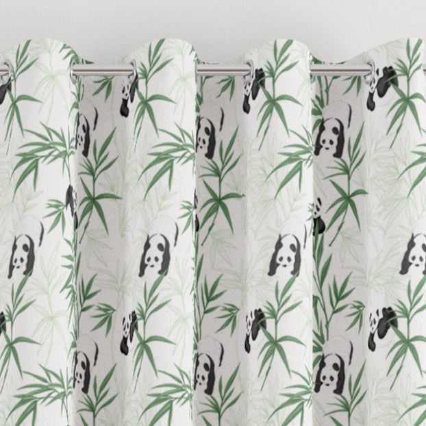 Monochrome pandas and green bamboo children's bedroom and nursery eyelet curtains