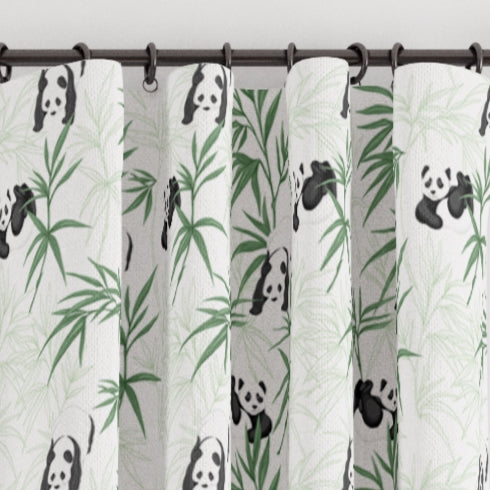 Panda children's bedroom and nursery pencil pleat curtains, green and monochrome