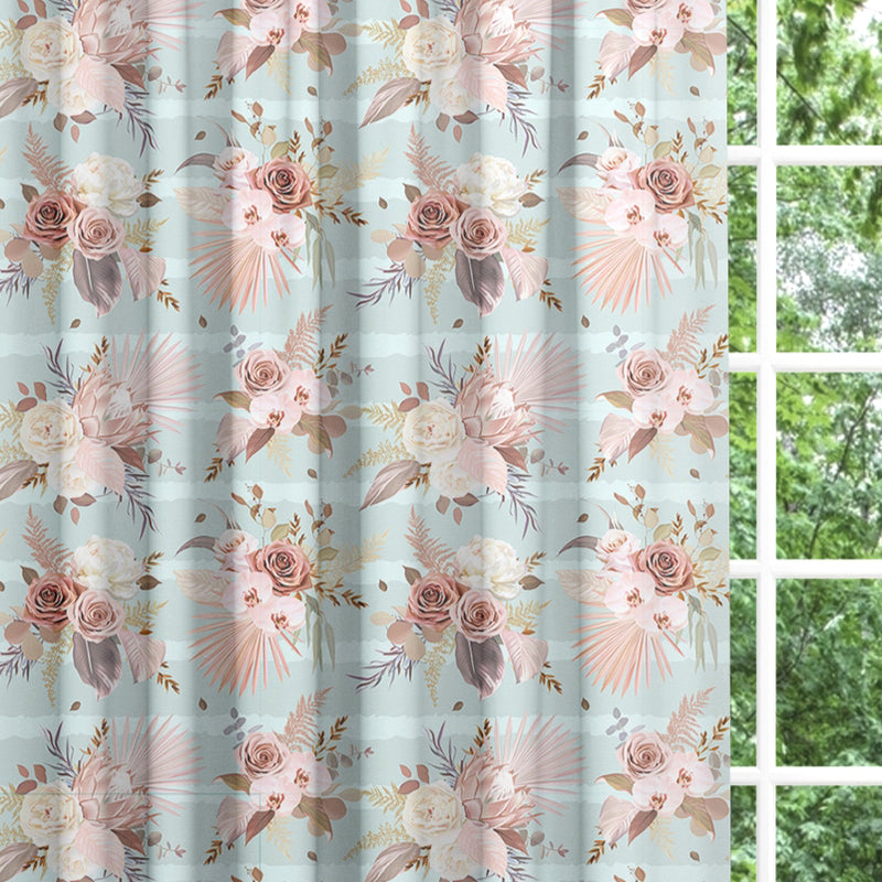 Backout lined children's bedroom and nursery curtains, Pink Flowers on Mint Stripe.