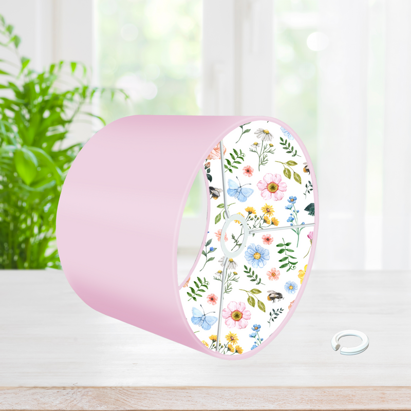 Children's bedroom and nursery lined colourful flowers lampshade, lamp shade, light shade, lightshade in yellow, pink or blue. 