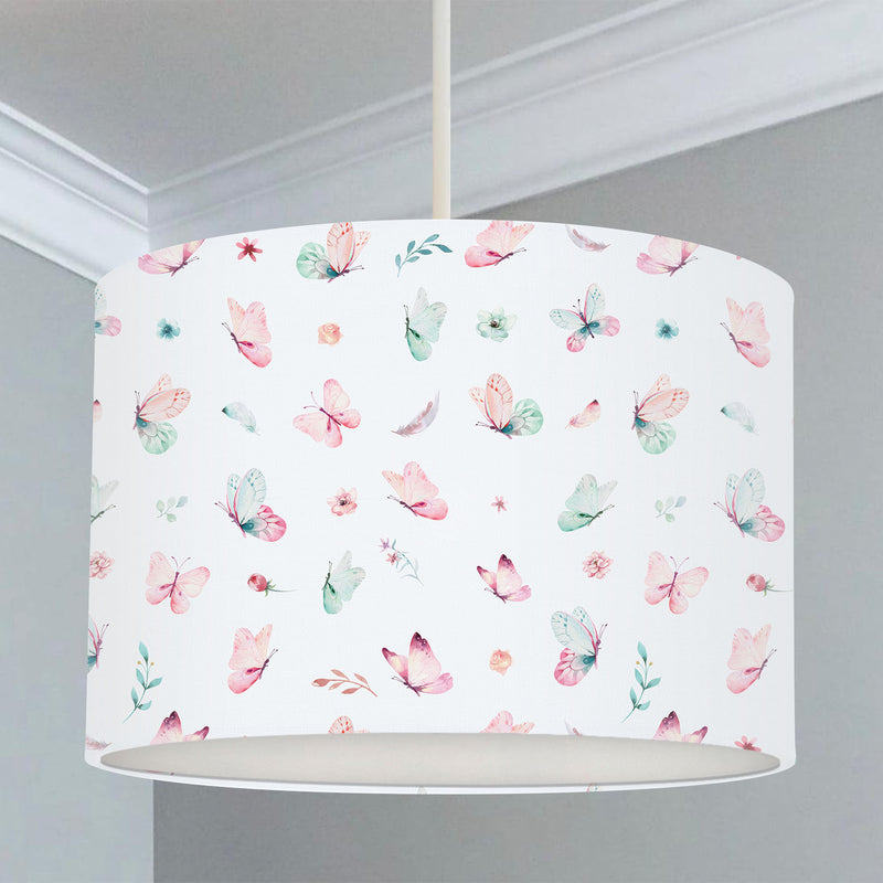 Children's bedroom and nursery lampshade, pink, blue and green pastel butterflies