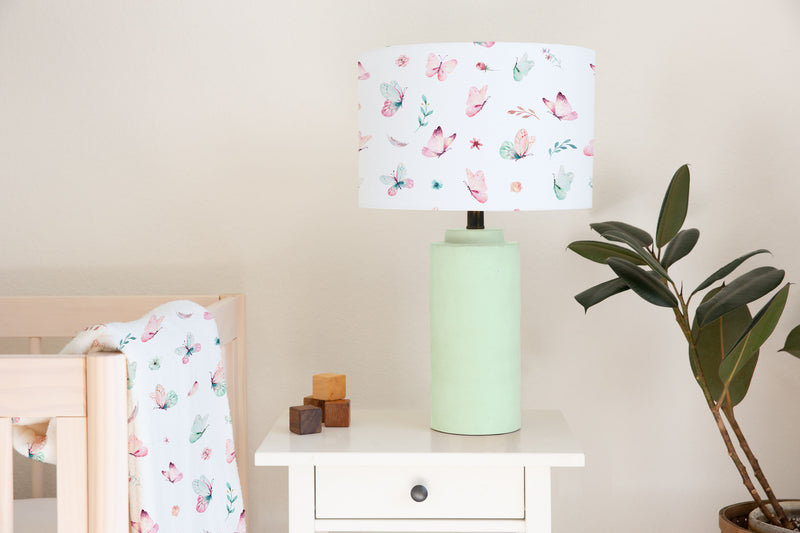 Children's bedroom and nursery ceiling and lamp shade, pale green, blue and pink butterflies