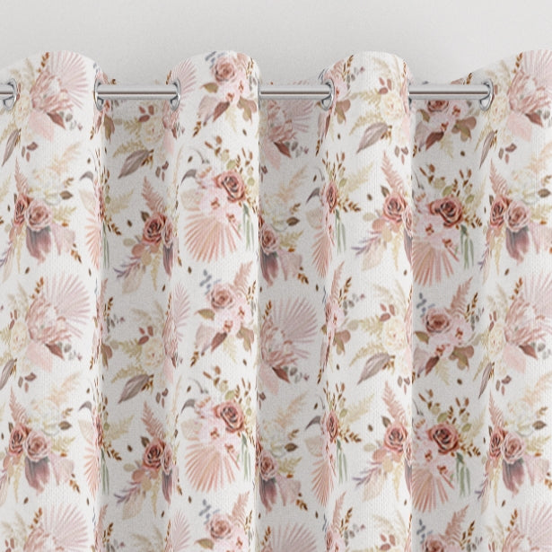 eyelet dusky pink flowers print children's bedroom and nursery curtains, pink and white.