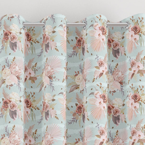 eyelet pink flowers on mint stripe print children's bedroom and nursery curtains, dusky pink and mint green.