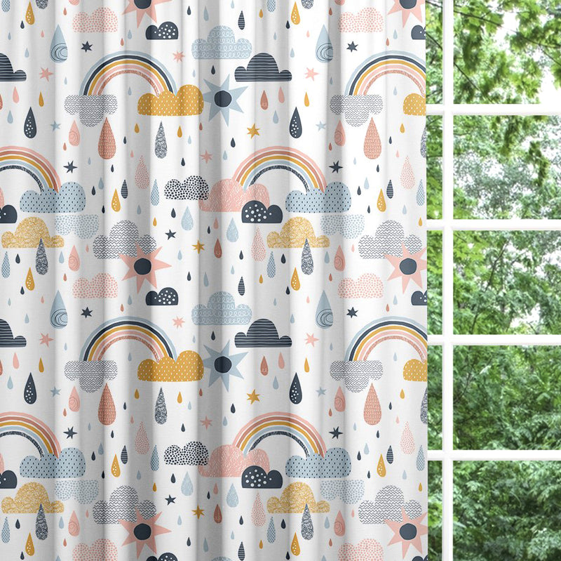 Backout lined children's bedroom and nursery curtains, rainbows, clouds and raindrops